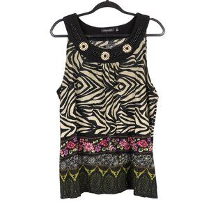 Notations Tank Top XL Women NEW Zebra Print Beads Floral Green Sleeveless Blouse